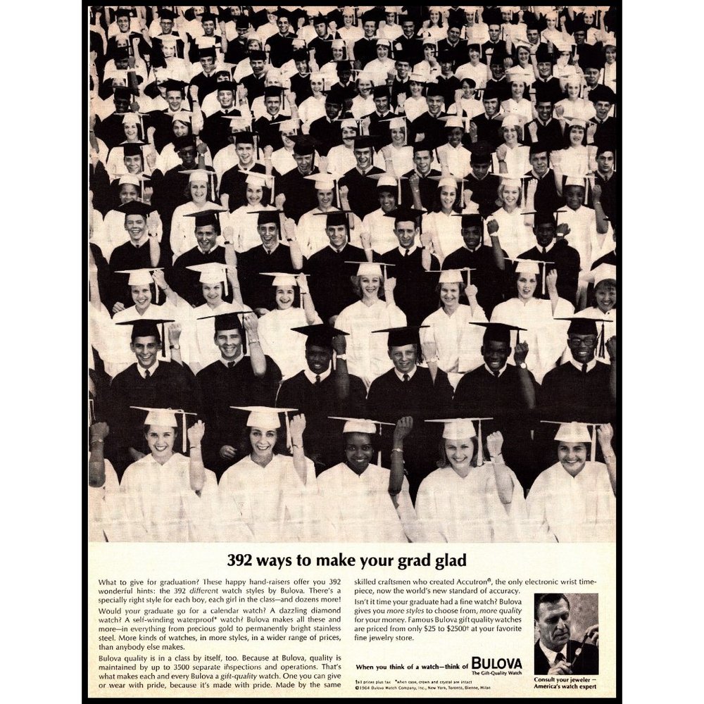 1964 Bulova Watch Graduate Graduation Gift Vintage Print Ad Cap Gown Wall Art